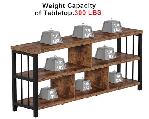 Bookshelf, Farmhouse 63” Long Open Book Shelf, Wood Metal 5 Cube Bookcase for Living Room, Low Horizontal Bookshelf for Bedroom, Wide Cubby Storage Organizer for Home Office, Rustic Brown, 63 Inch