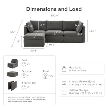 Oversized Modular Sectional Sofa with Fully Removable Covers and Storage, Convertible U, L-Shaped and Sleeper Sectional, Modern Couches with Ottoman Chaise (Stone Gray Fabric, 4 Seats, L)