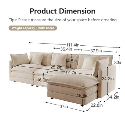 Modular Sectional Sofa, 111.5 Inch L Shaped Couch Set for Living Room, 3-Seater Comfy Cloud Couches with Movable Ottoman, DIY Combination, Chenille, Light Coffee