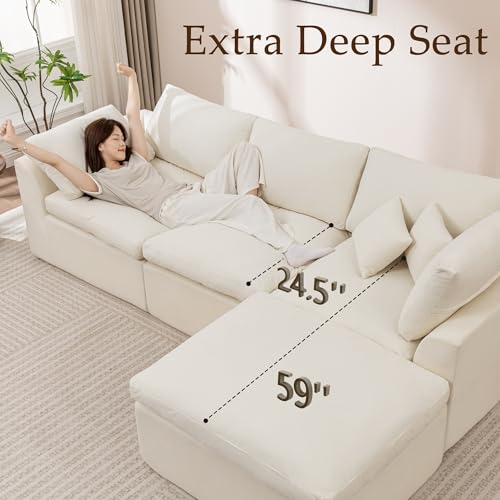 112" Cloud Sectional Couches for Living Room, Modern Modular Sectional Sofa with Ottoman, Boneless Cloud Couch with Comfy Deep Seats, Fluffy Chenille L-Shape Sofa Couch for Living Room, Beige