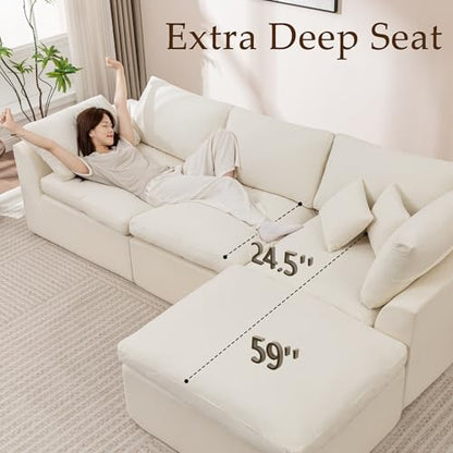 112" Cloud Sectional Couches for Living Room, Modern Modular Sectional Sofa with Ottoman, Boneless Cloud Couch with Comfy Deep Seats, Fluffy Chenille L-Shape Sofa Couch for Living Room, Beige