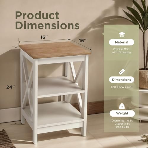 End Tables Bedroom Set of 2, Farmhouse Sofa Side Table with Storage Shelves, Ivory