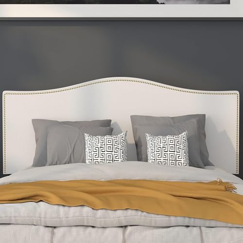 Contemporary Full Upholstered Panel Headboard, White Fabric with Brass Nailhead Trim, Adjustable Black Metal Legs, 56.75 in Wide, Bedroom Furniture for Master, Guest, or Apartment Use