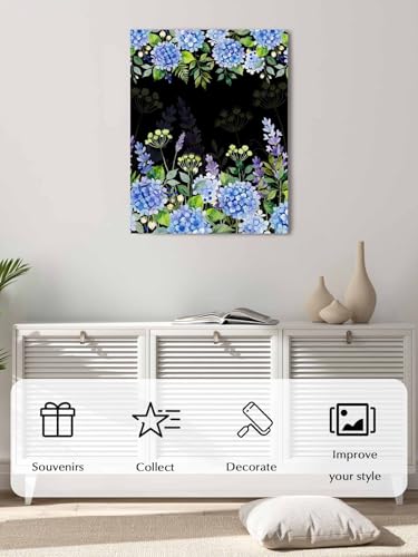 NuYeBiofx Watercolor Purple Hydrangea Canvas Wall Art Prints,48"x32" Framed Picture Artwork Garden Flower Leaves on Black Printed Canvas Oil Painting for Living Room Bedroom Office,Ready to Hang