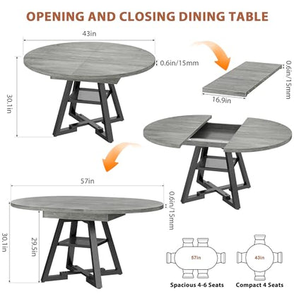 Expandable Kitchen Dining Table for 4-6, Oval Round Dining Table with Storage Shelf and Removable Extension Leaf, Space Saving Pedestal Table for Dining Room, Modern Industrial Style (Grey)