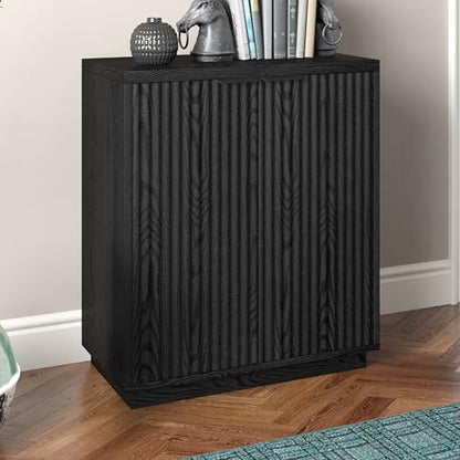 28" Fluted Wooden Accent Cabinet, Ribbed Modern Sideboard Buffet Cabinet with 2 Doors and an Adjustable Shelf for Living Room, Dining Room, Bedroom or Entryway, Natural Black