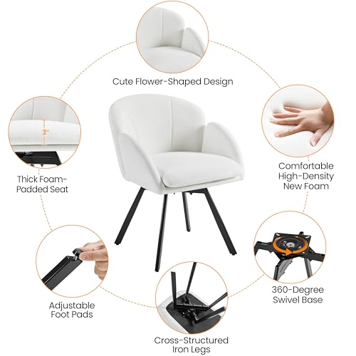 Yaheetech Swivel Accent Chair, Flower Chenille Armchair, Vanity Chair Side Chair with 360-Degree Swivel Base and Seat Cushion for Living Room/Bedroom/Home Office/Makeup, White