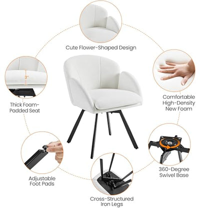Yaheetech Swivel Accent Chair, Flower Chenille Armchair, Vanity Chair Side Chair with 360-Degree Swivel Base and Seat Cushion for Living Room/Bedroom/Home Office/Makeup, White