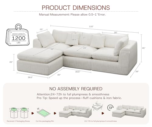 110'' Oversized Boneless Cloud Couch for Living Room, Modern Big Sectional Compressed L Shape Couch with Ottoman, Comfy Chenille Deep Seat Memory Foam Spineless 4 Seater Sofa, Beige