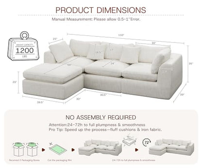110'' Oversized Boneless Cloud Couch for Living Room, Modern Big Sectional Compressed L Shape Couch with Ottoman, Comfy Chenille Deep Seat Memory Foam Spineless 4 Seater Sofa, Beige