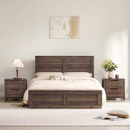 3 Pieces Bedroom Set, Wood Bed Frame with Upholstered Headboard & 2 Nightstands with Storage, Wooden Platform Mattress Foundation Farmhouse Bedroom Furniture Set