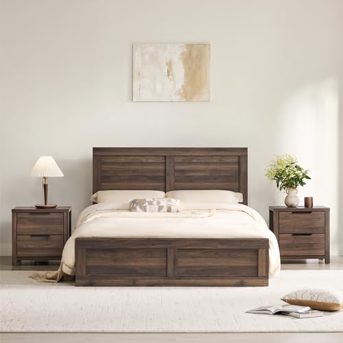 3 Pieces Bedroom Set, Wood Bed Frame with Upholstered Headboard & 2 Nightstands with Storage, Wooden Platform Mattress Foundation Farmhouse Bedroom Furniture Set