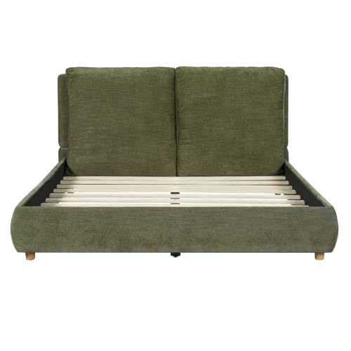 Queen Linen Blend Platform Bed with 2 Headboard Pillows, Olive Green, view 5