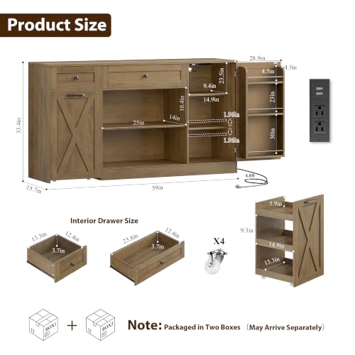 59" W Kitchen Buffet Cabinet with Storage, Coffee Bar Cabinet Brown, view 4