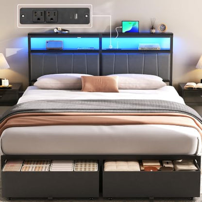 Queen Bed Frame with Storage Drawers and Charging Station, Grey, view 2