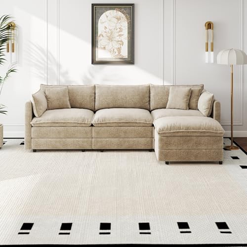 Modular Sectional Sofa Modern Convertible L Shaped Couch,112.2 Inch Deep 3-Seater Sofas Set Comfy Chenille Cloud Sofas and Couches with Movable Ottoman for Living Room Apartment（Camel）