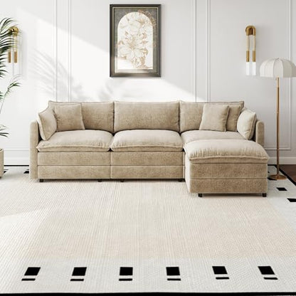 Modular Sectional Sofa Modern Convertible L Shaped Couch,112.2 Inch Deep 3-Seater Sofas Set Comfy Chenille Cloud Sofas and Couches with Movable Ottoman for Living Room Apartment（Camel）