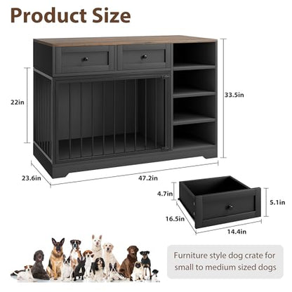 47" Dog Crate Furniture with Drawers and Open Shelves, Black, view 3