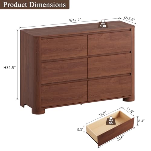 Walnut 6 Drawer Dresser for Bedroom, 47" Wide Chest of Drawers, view 3