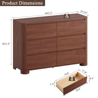 Walnut 6 Drawer Dresser for Bedroom, 47" Wide Chest of Drawers, view 3