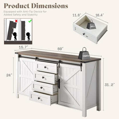 60" Farmhouse 4-Drawer Dresser with Barn Doors, Distressed White, view 3