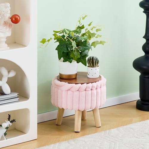 Storage Ottoman, Modern Round Footrest with Soft Padded Seat, Teddy Velvet Footstool with Wood Legs, Accent Small Table or Plant Stand for Hallway, Living Room (Light Pink)