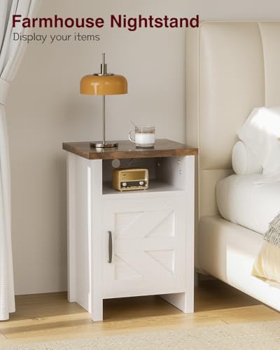 Farmhouse Modern Nightstand with Shelf and Barn Door, Set of 1 for Bedroom, White