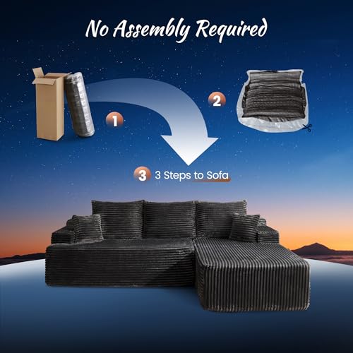 104" Cloud Boneless Couch with Glitter Fabric, Moudular Sectional Sofa with Deep Seat, No Assembly Required, Modern Minimalist L Shaped Couches with Chaise for Living Room, Grey