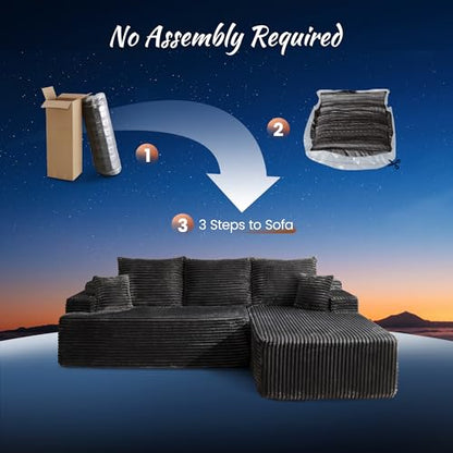104" Cloud Boneless Couch with Glitter Fabric, Moudular Sectional Sofa with Deep Seat, No Assembly Required, Modern Minimalist L Shaped Couches with Chaise for Living Room, Grey