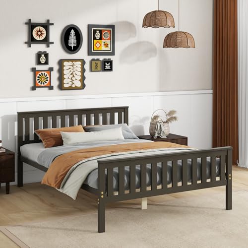 Full Size Wood Platform Bed Frame, Mid Century Full Bed Frame with Headboard, view 4