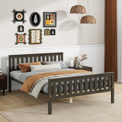 Full Size Wood Platform Bed Frame, Mid Century Full Bed Frame with Headboard, view 4