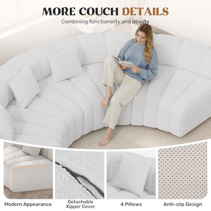 128" Oversized Curved Cloud Couch, Modern Compressed Modular Sectional Sofa, 4 Seater Boneless Couches for Living Room, No Assembly Required, White 1 PCS