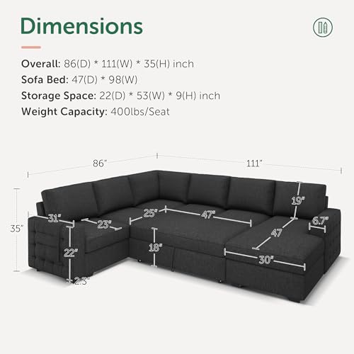 Sectional Sleeper Sofa with Pull-Out Bed Storage Chaise, 6 Seater Couch for Living Room, Dark Grey