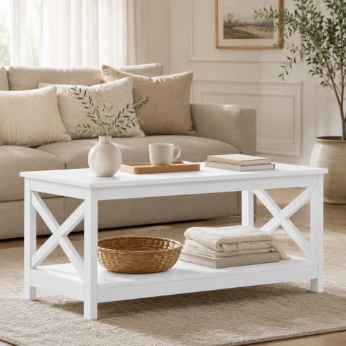 White Coffee Table for Living Room, X-Design Storage Shelf, 39.5", view 2