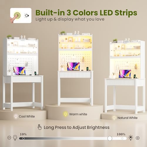 LED Writing Desk with Hutch and Pegboard and Power Outlet (White), view 5