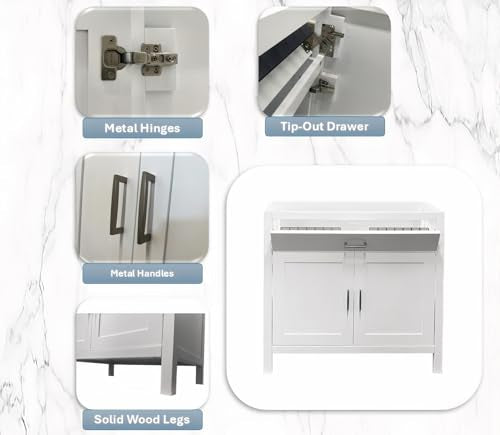 White 30" Width Freestanding Bath Vanity Tip-Out Drawer Sink Base Cabinet Without Top (White Newport, 30" Wx21 Dx34.5 H)