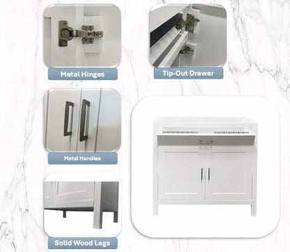 White 30" Width Freestanding Bath Vanity Tip-Out Drawer Sink Base Cabinet Without Top (White Newport, 30" Wx21 Dx34.5 H)