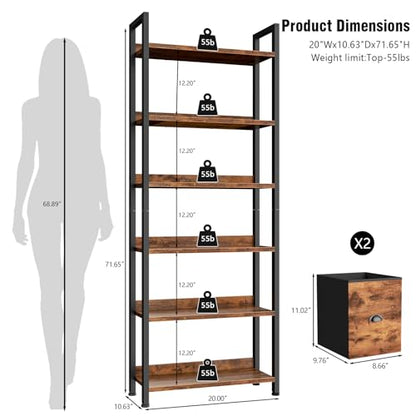 6-Tier Bookshelf, Tall 71" Rustic Bookcase with 2 Drawers Storage Organizer, Industrial Display Free Standing Shelf Units, Wood and Metal Storage Rack for Home Office, Bedroom, Rustic Brown | Bookcase