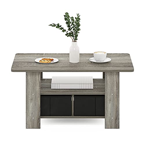 Andrey Coffee Table with Bin Drawer, French Oak Grey/Black | 2x Bin Drawers, Soft-Corner, Rectangular Side Table for Living Room, Bedroom, Home Office