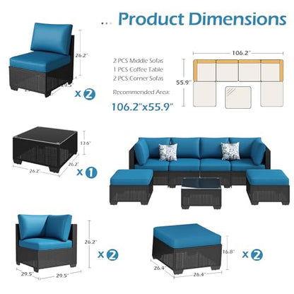 7 Piece Outdoor Patio Furniture Set, PE Rattan Outdoor Wicker Sectional Furniture Chair Set with Cushions and Tea Table, Black Rattan and Peacock Blue Cushion