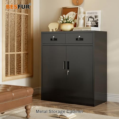 Metal Storage Cabinet, Garage Storage Cabinet with 2 Drawers and Adjustable Shelf, Locking Short Storage Cabinet for Office Garage Home, Black Metal Cabinets(36" H x 31.5" W x 16" D)