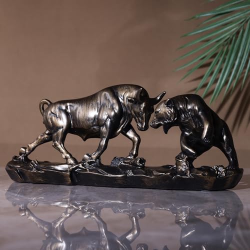 Wall Street Bull Statue, Bull Market and Bear Market Statue, Stock Market Sculpture, for Office, Desktop, Bookshelf, Living Room, Study, Home Decor, Financial Advisor Gift (Brown)
