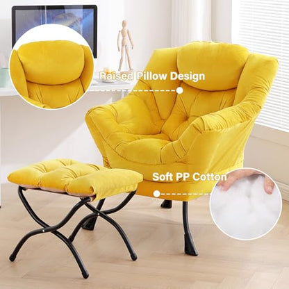 Lazy Chair with Ottoman, Yellow Modern Large Accent Armchair, Comfy Leisure Sofa Reading Chair with Footrest for Bedroom, Living Room, Dorm Rooms, Garden, Velvet Yellow