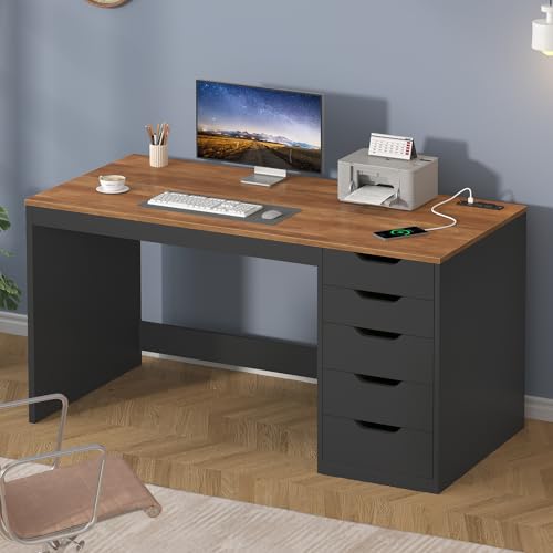 47 Inch Computer Desk with 5 Drawers and Power Outlets, Home Office Desks with Storage File Cabinet, Modern Simple Laptop Desk Writing Table for Small Spaces, Brown and Black
