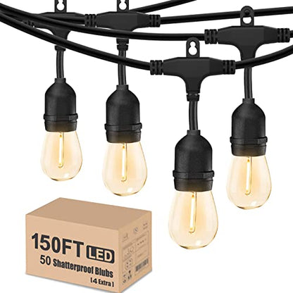 Outdoor String Lights 150 Feet LED Waterproof Patio Lights with 50 Shatterproof Dimmable Warm Edison Bulbs String Lights for Outdoor Gazebo Bistro Wedding Birthday Party Lights, Connectable