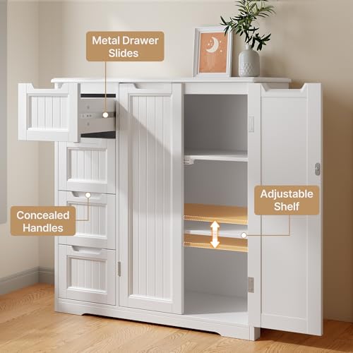 Storage Cabinet, White Bathroom Storage Cabinet with 4 Drawers & Double Doors, Adjustable Shelf, Modern Floor Cabinet for Bathroom, Kitchen, Living Room, Entryway, White