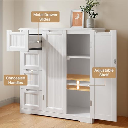 Storage Cabinet, White Bathroom Storage Cabinet with 4 Drawers & Double Doors, Adjustable Shelf, Modern Floor Cabinet for Bathroom, Kitchen, Living Room, Entryway, White