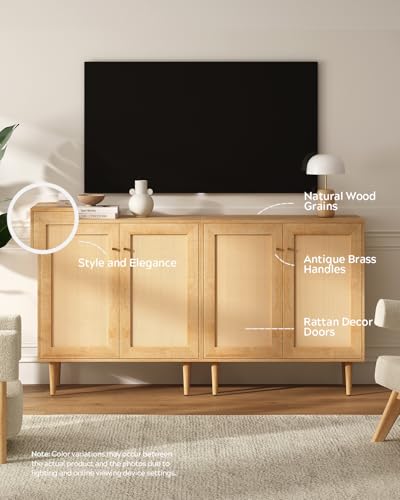 Accent Storage Cabinet Sideboard with Rattan Doors, Boho Buffet Kitchen Bar Cabinet Farmhouse Credenza Cabinets with Adjustable Shelves for Dining Room (Square Doors/Oak)