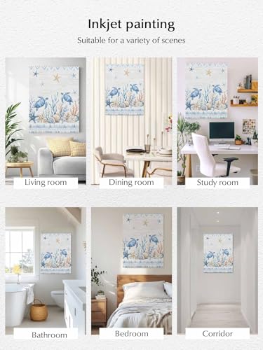 NuYeBiofx Summer Sea Turtle Starfish Coral Canvas Wall Art Prints,30"x20" Framed Picture Artwork Marine Creature Wood Plank Printed Canvas Oil Painting for Living Room Bedroom Office,Ready to Hang