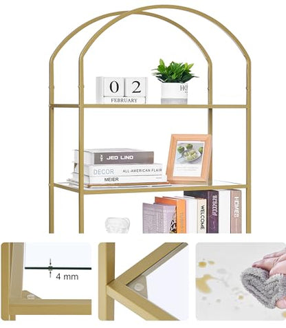 6-Tier Tall Gold Bookshelf, Arched Bookcase with Glass Shelves, view 5